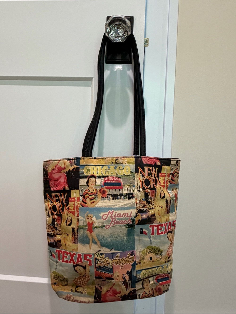 Vintage Pelle Studio Multicolor Travel Print Shoulder Bag with Black Straps